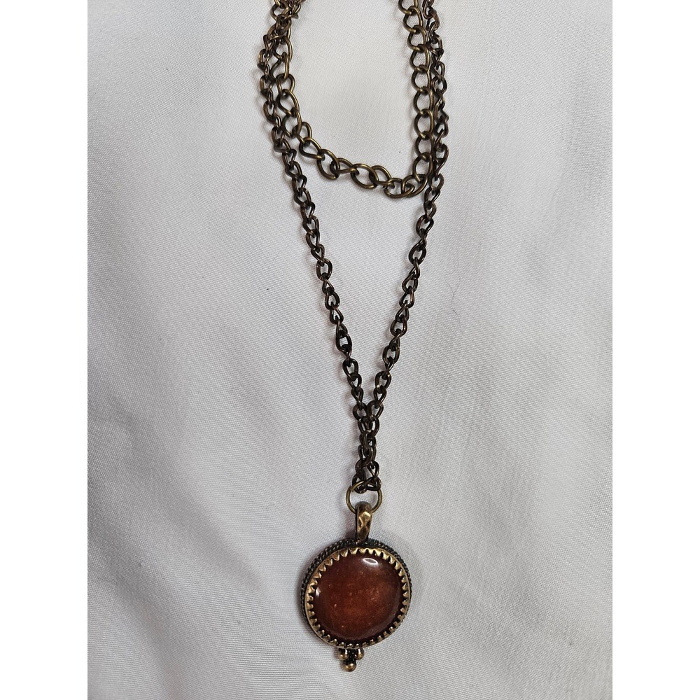 Vintage Style Bronze Round Brown Stone Pendant Long Chain Necklace Boho